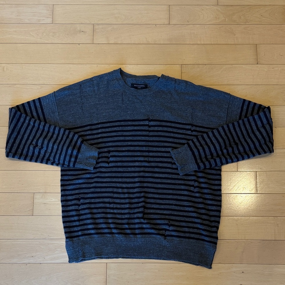 All Saints Men's Blue and Gray Striped Crewneck Sweater
